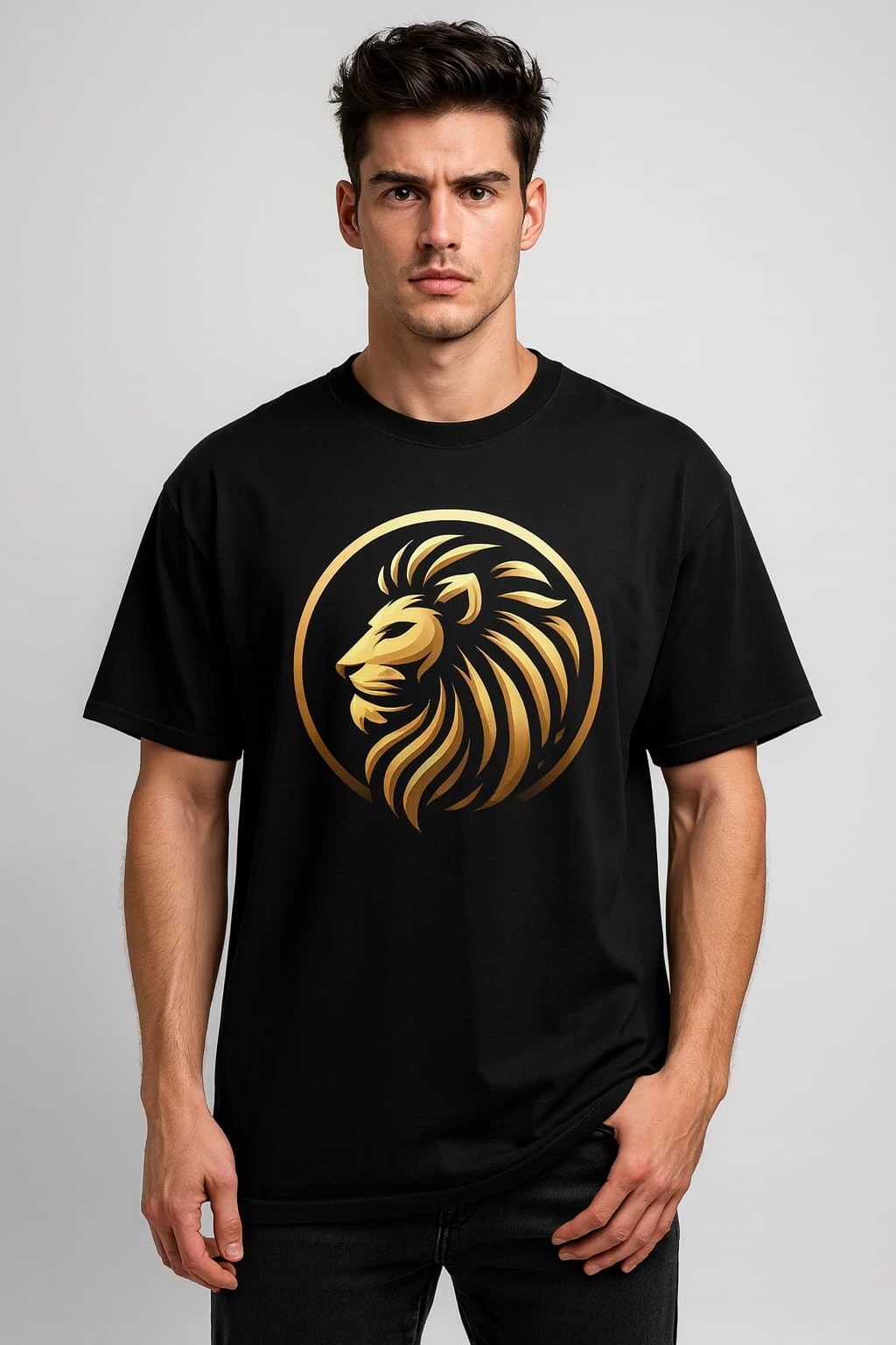 Premium Black Oversized T-Shirt – Golden Lion Emblem | Front & Back Branding